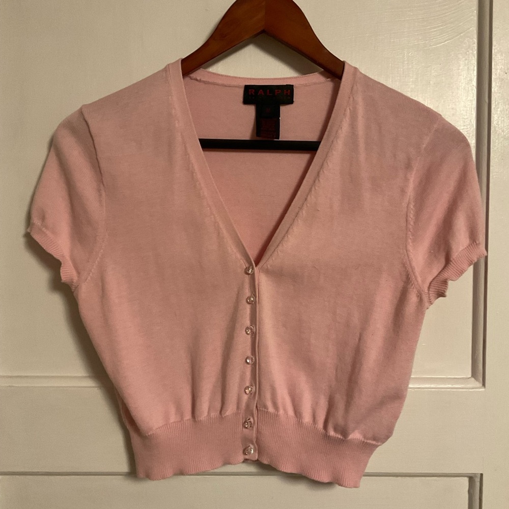 Ralph Lauren Sweater Womens Cardigan Cropped pink crystal Button Up M